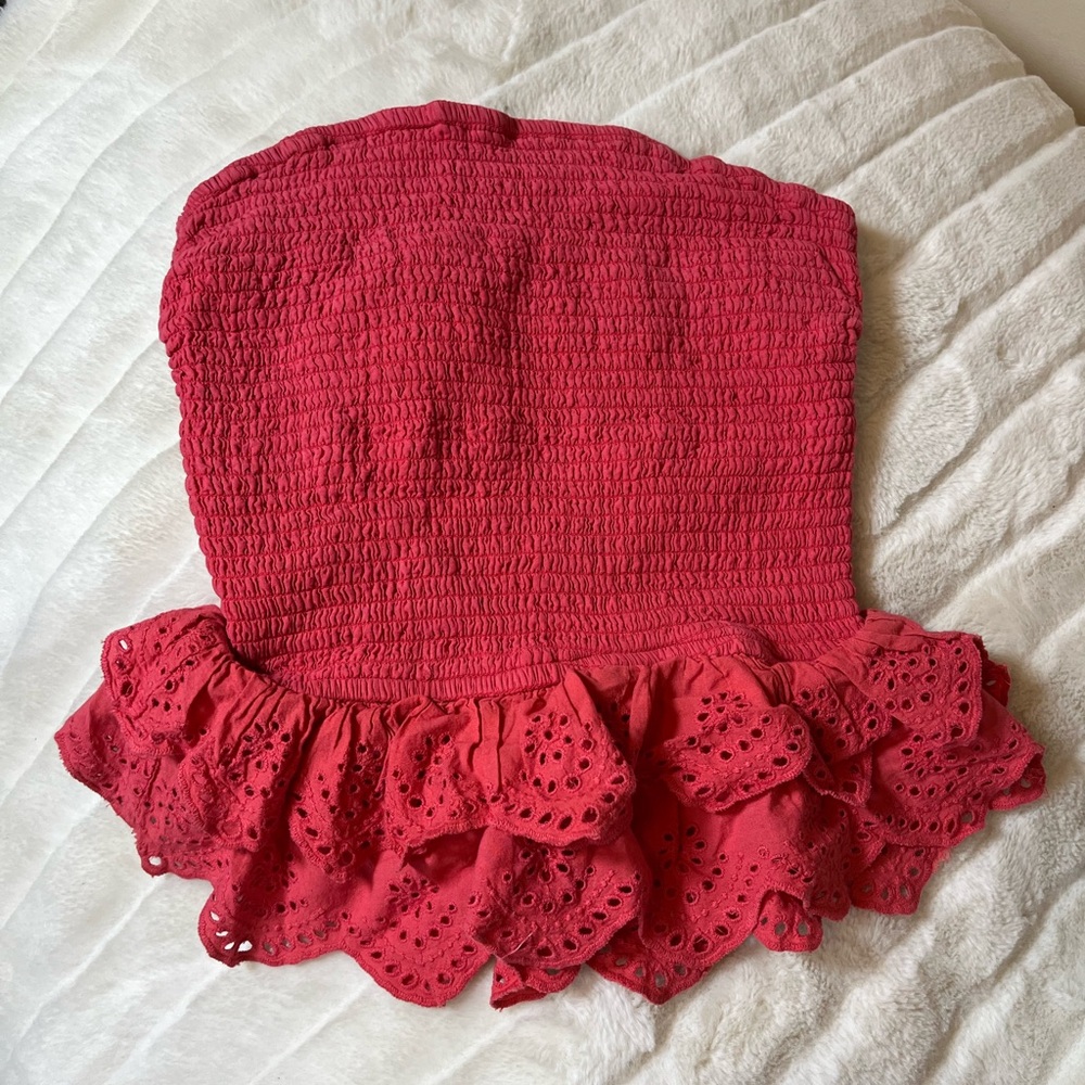 Japna M Slim Stretchy Summer Fall Red Cinched Eyelet Hem Strapless Tube Top